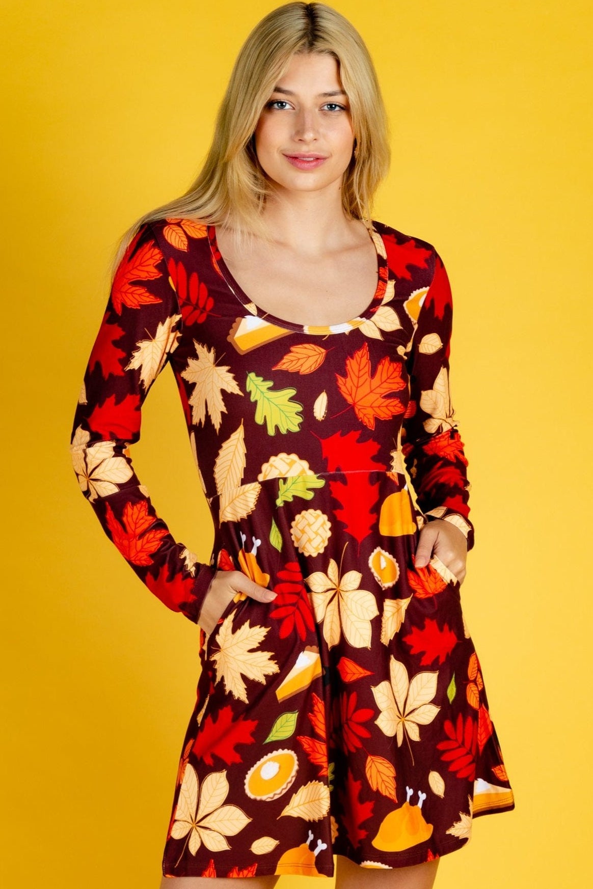 The Rake Me Ups | Fall Leaves Thanksgiving Skater Dress - Shinesty