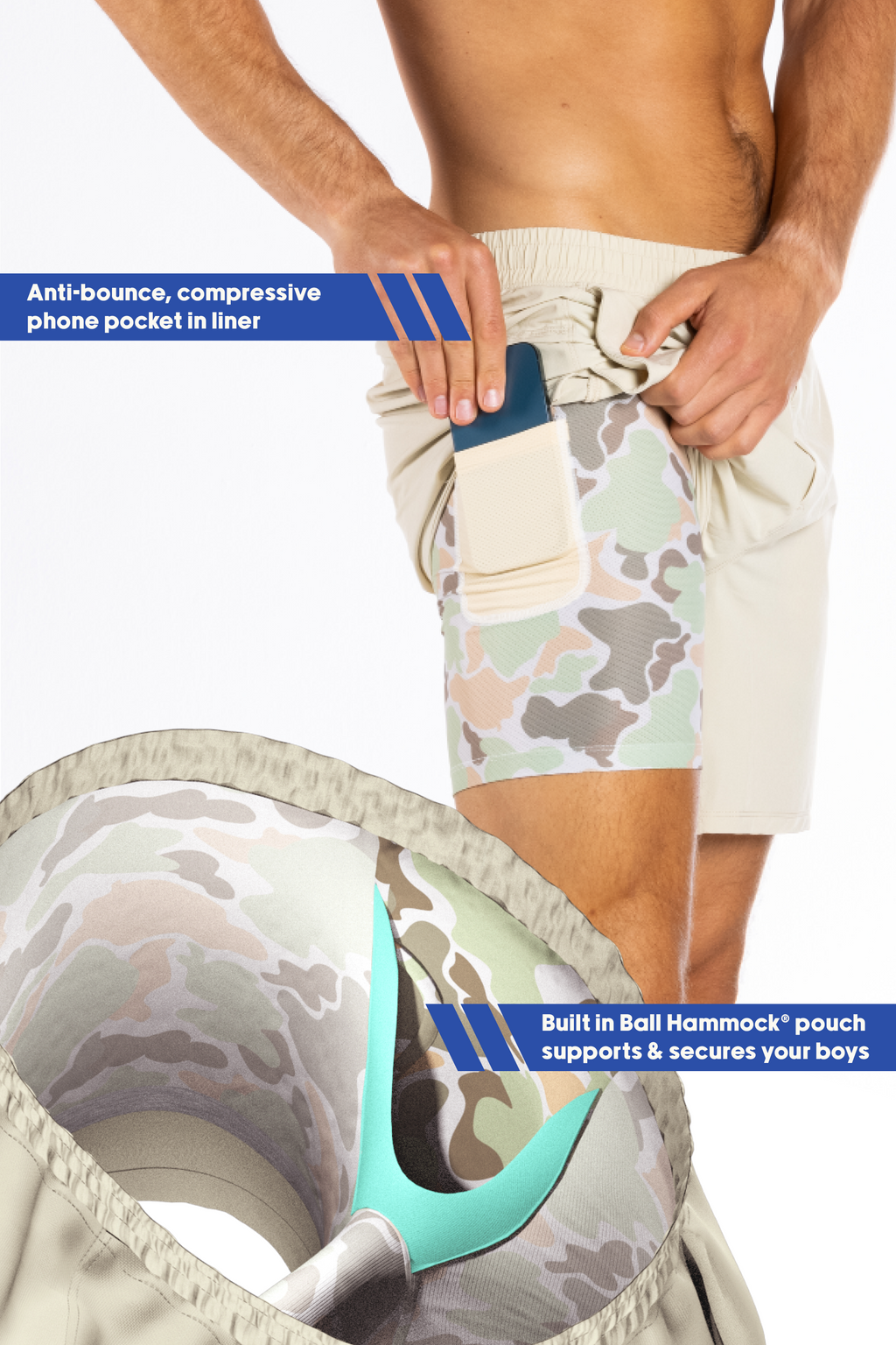 The Lieutenant | Khaki and Camo Ball Hammock® 5 Inch Athletic Shorts - Shinesty