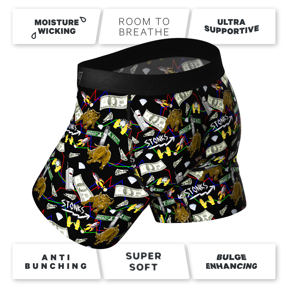 The Ball Street Bets | Stock Market Ball Hammock® Pouch Underwear With Fly - Shinesty