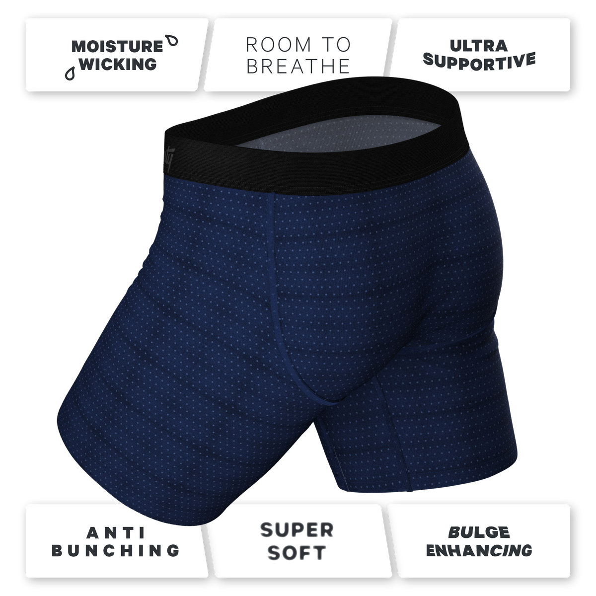 The Forget Me Not | Navy Dot Ball Hammock® Boxer - Long Leg - Shinesty