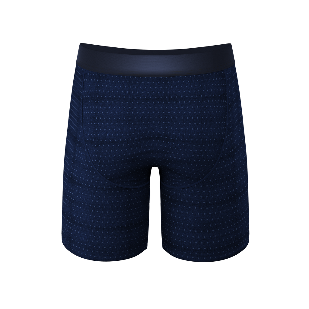 The Forget Me Not | Navy Dot Ball Hammock® Boxer - Long Leg - Shinesty