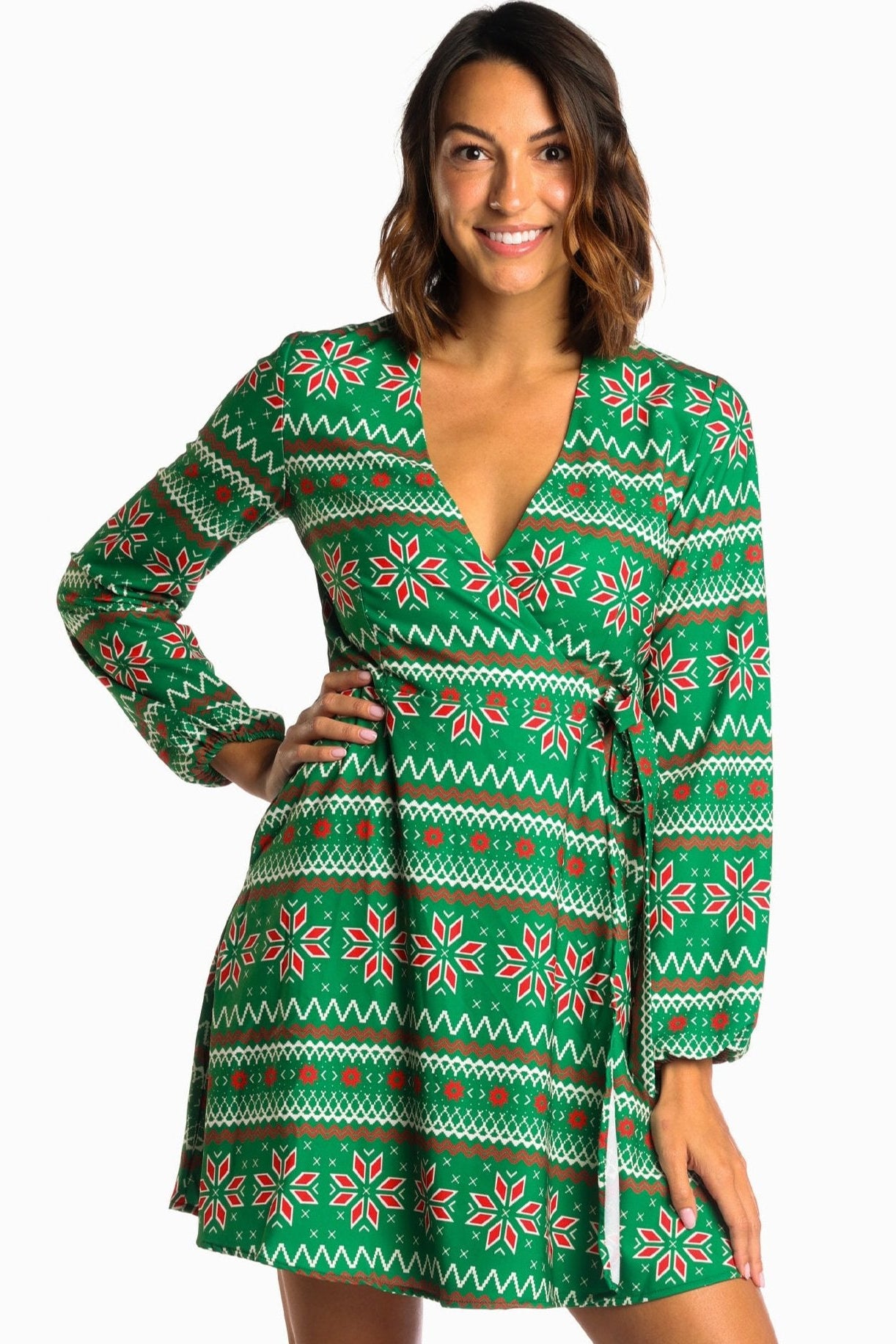 The Kris Kringle | Green Fair Isle Christmas Wrap Dress - Shinesty