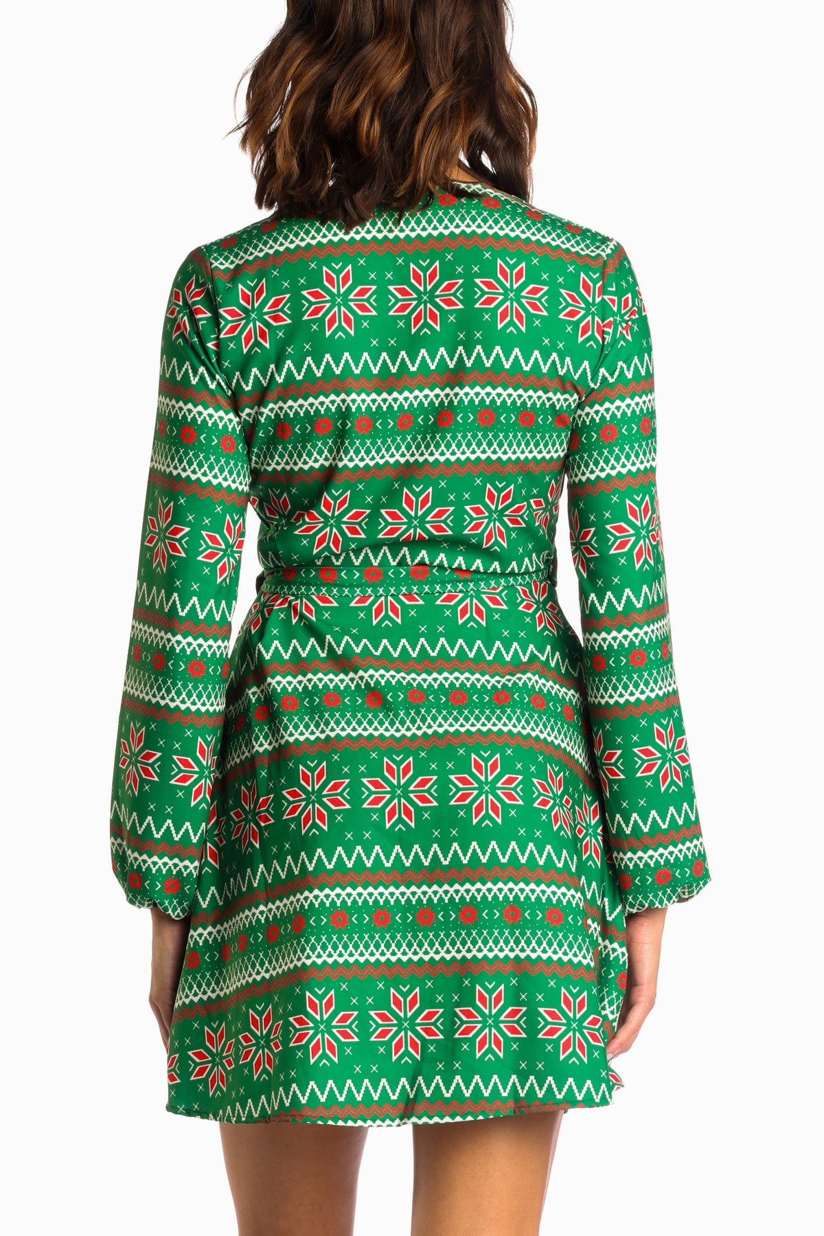 The Kris Kringle | Green Fair Isle Christmas Wrap Dress - Shinesty