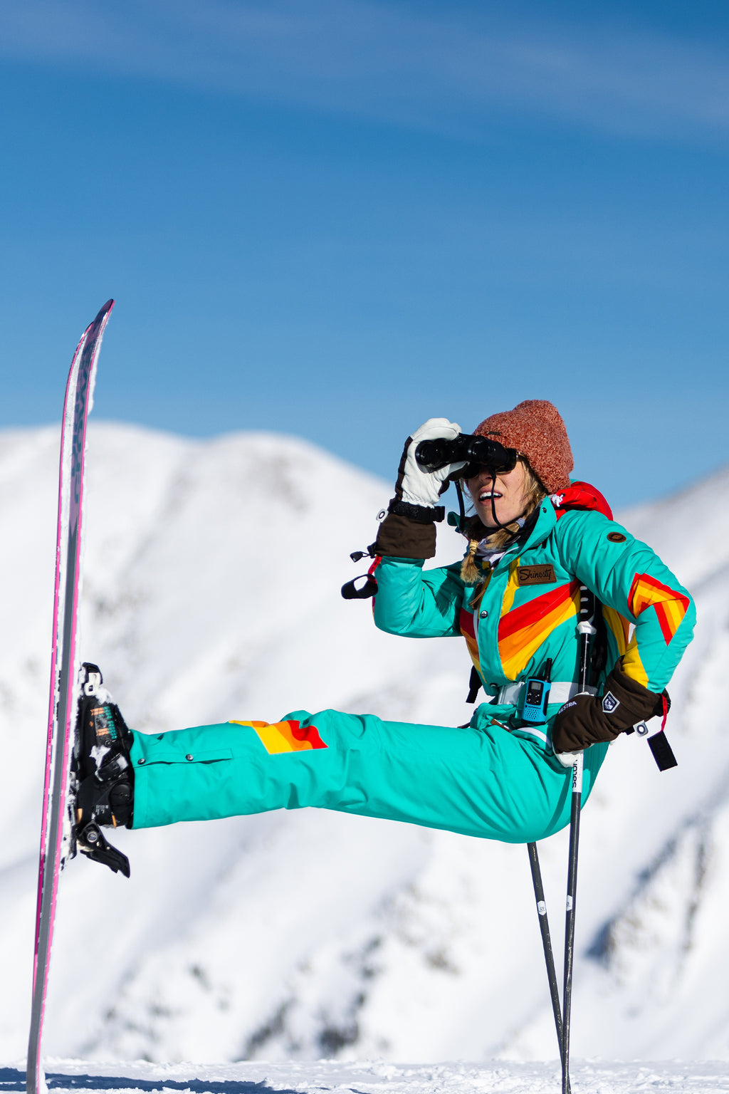 The Side Country Sender | Turquoise Striped Retro Women's One Piece Ski Suit - Shinesty