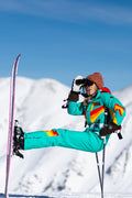 The Side Country Sender | Turquoise Striped Retro Women's One Piece Ski Suit - Shinesty