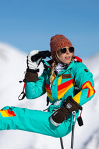The Side Country Sender | Turquoise Striped Retro Women's One Piece Ski Suit - Shinesty
