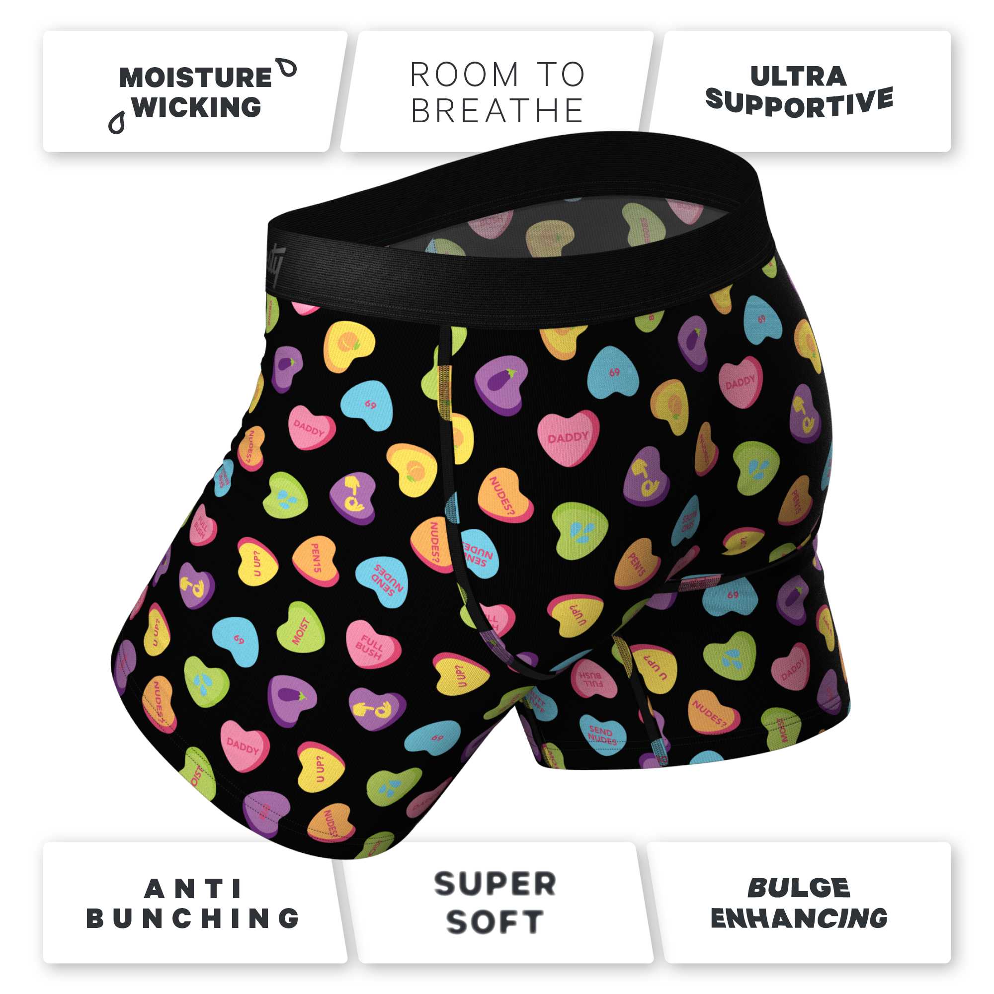 The Smooth Talker | Candy Hearts Ball Hammock® Pouch Underwear With Fly - Shinesty