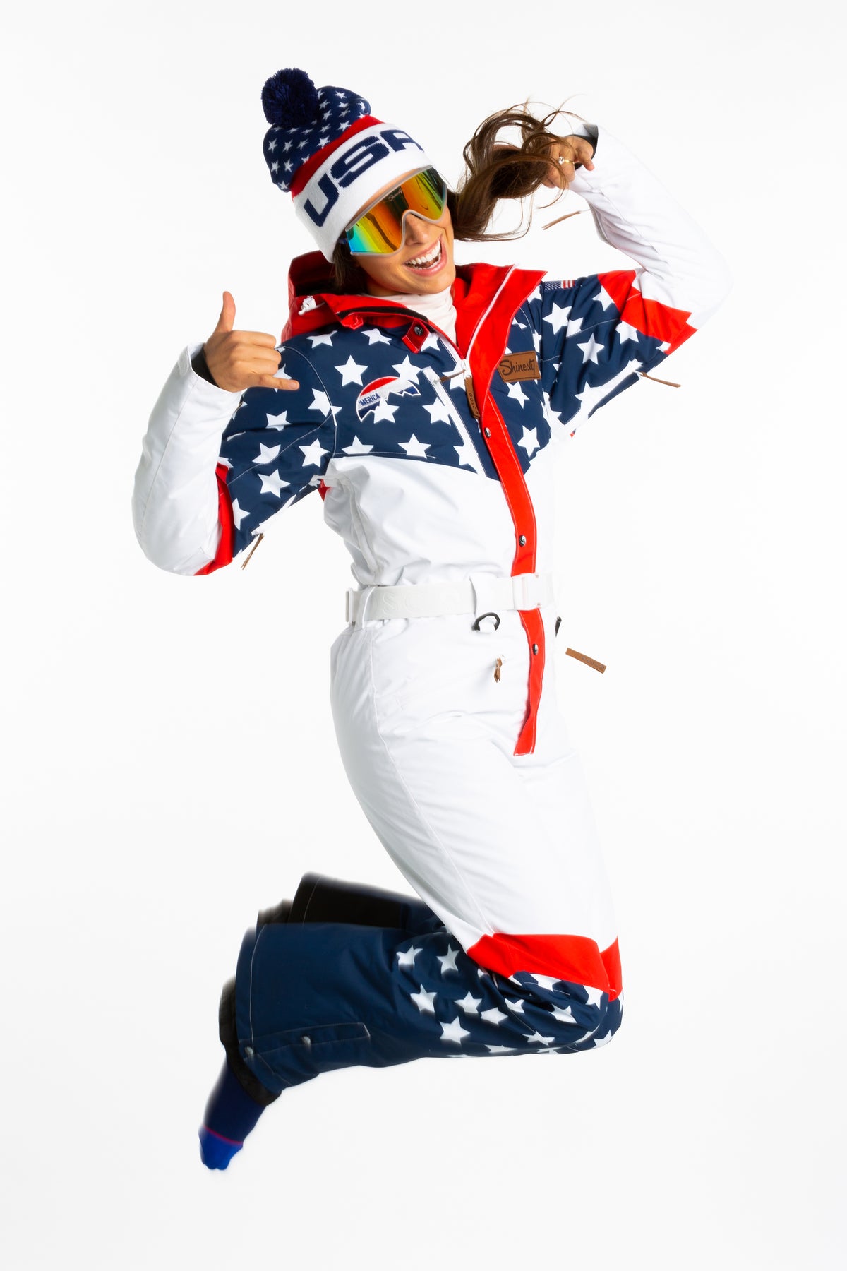 The First Chair | Retro American Flag Women's One Piece Ski Suit - Shinesty