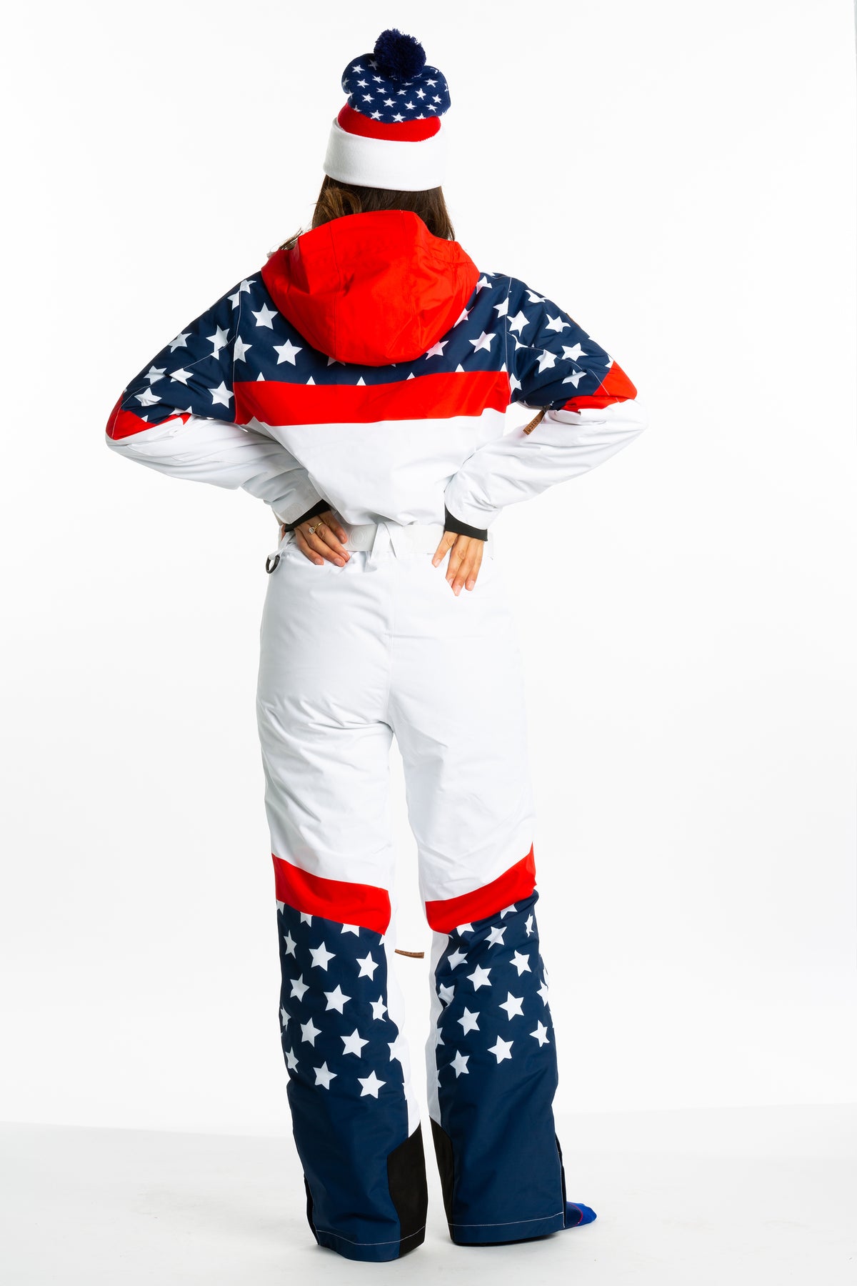 The First Chair | Retro American Flag Women's One Piece Ski Suit - Shinesty
