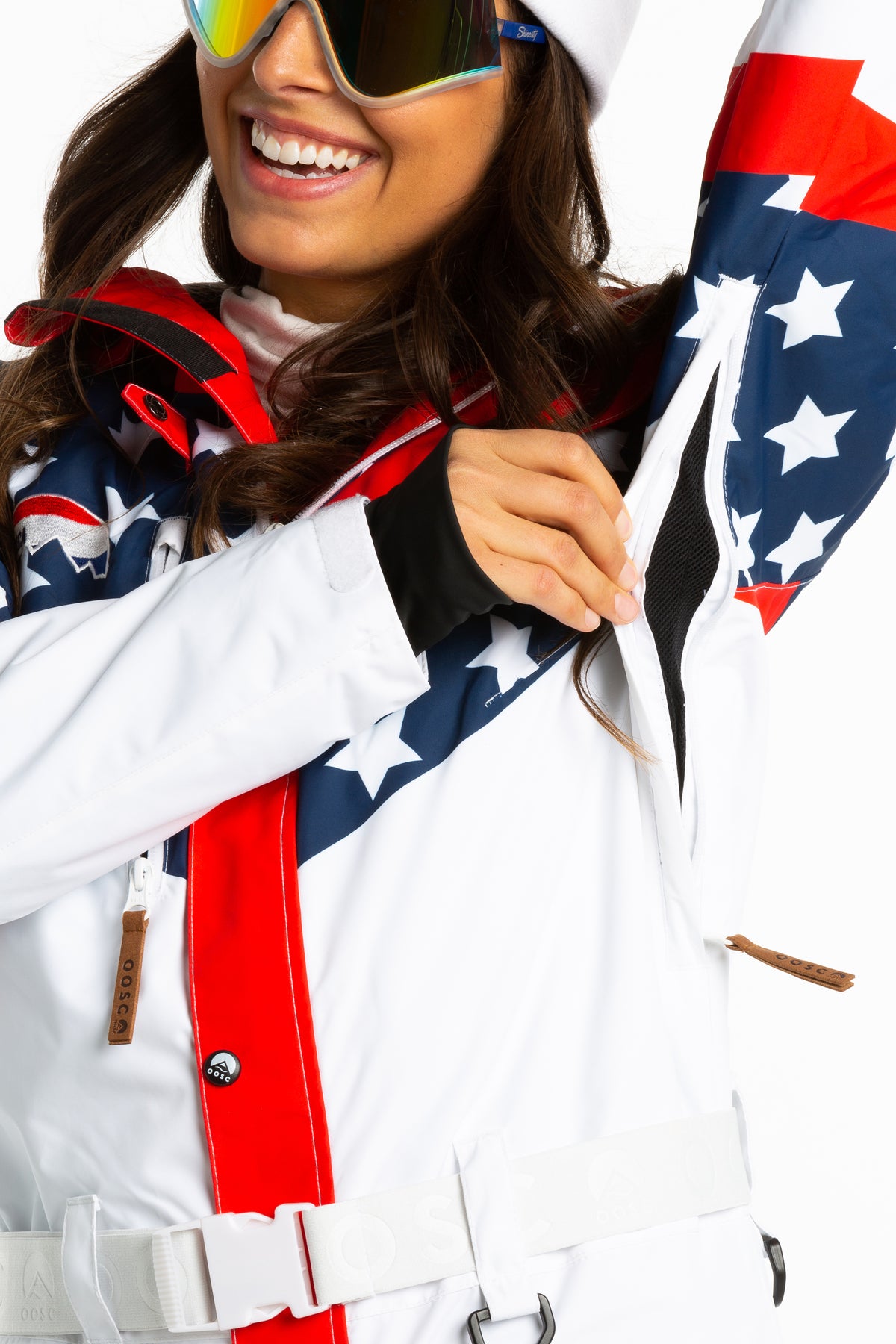 The First Chair | Retro American Flag Women's One Piece Ski Suit - Shinesty