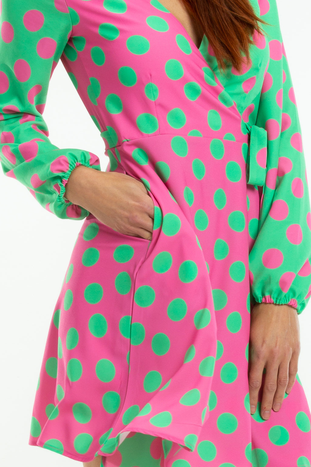 The High Stakes | Derby Pink And Green Polka Dot Wrap Dress - Shinesty