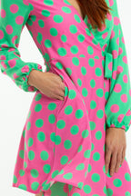 The High Stakes | Derby Pink And Green Polka Dot Wrap Dress - Shinesty