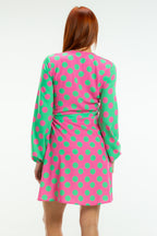 The High Stakes | Derby Pink And Green Polka Dot Wrap Dress - Shinesty