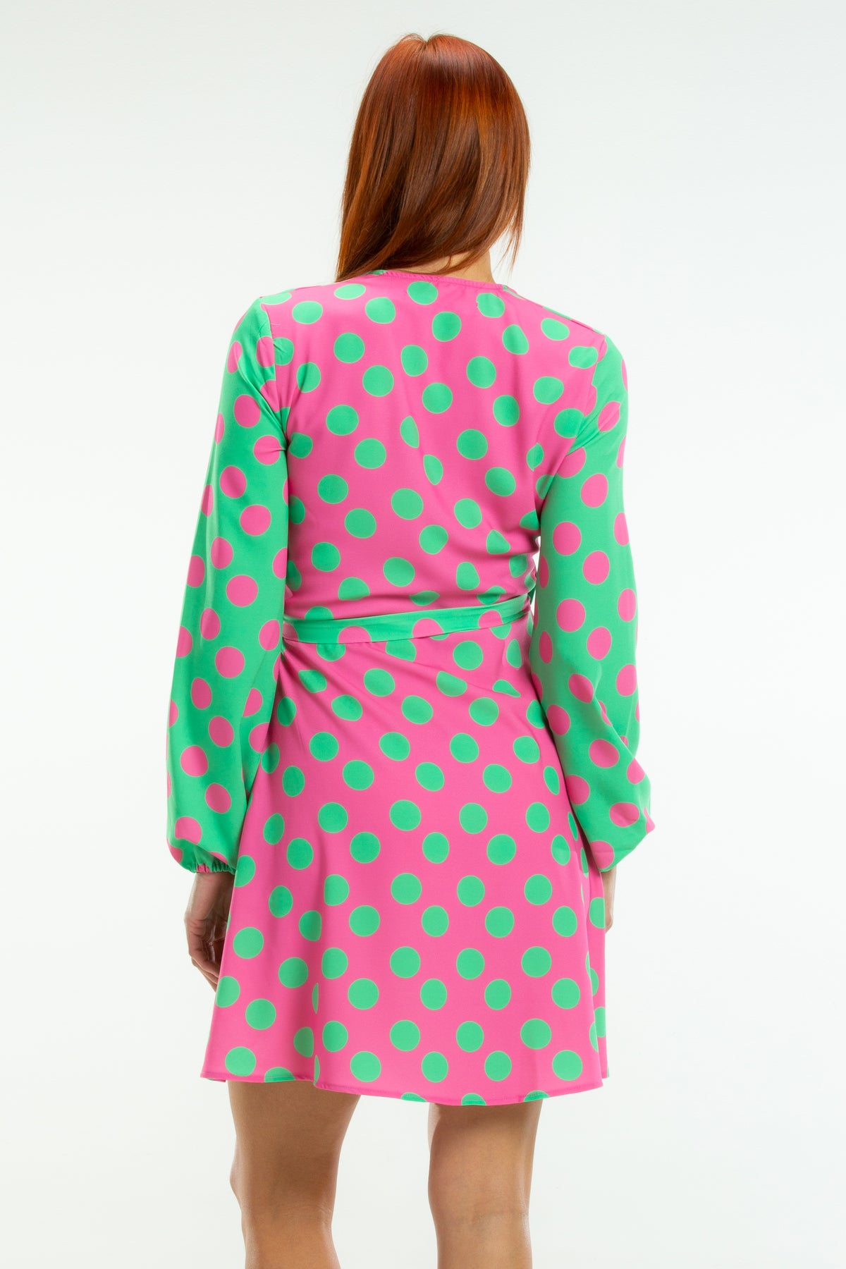 The High Stakes | Derby Pink And Green Polka Dot Wrap Dress - Shinesty