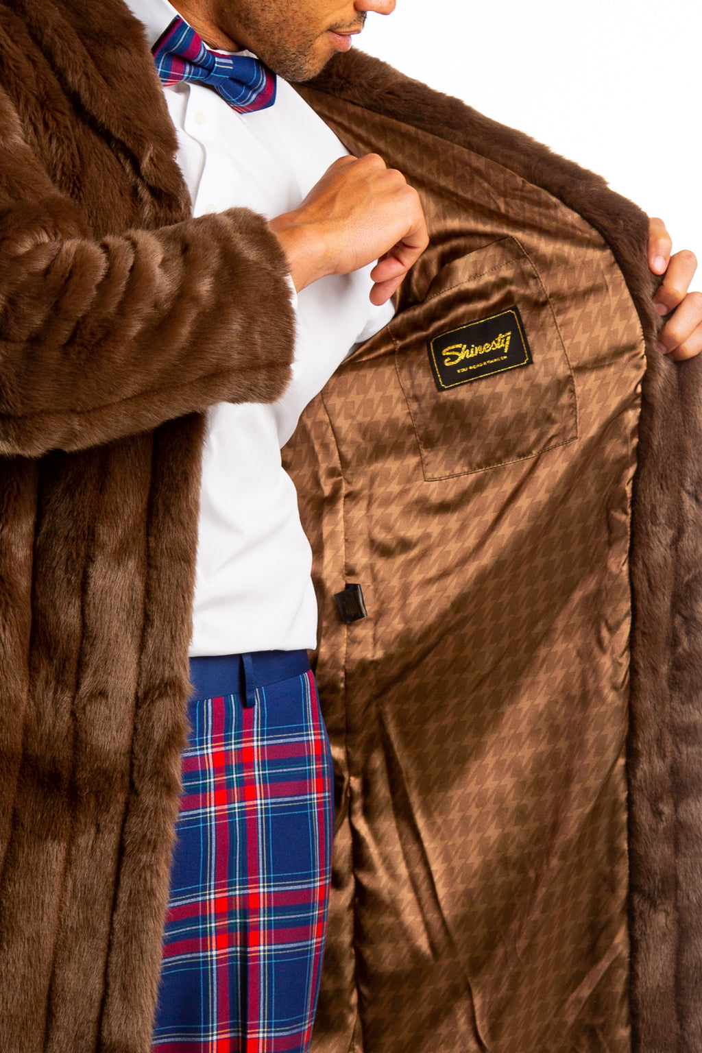 The Manhattan Mogul | Long Brown Black Label Faux Fur Coat - Shinesty