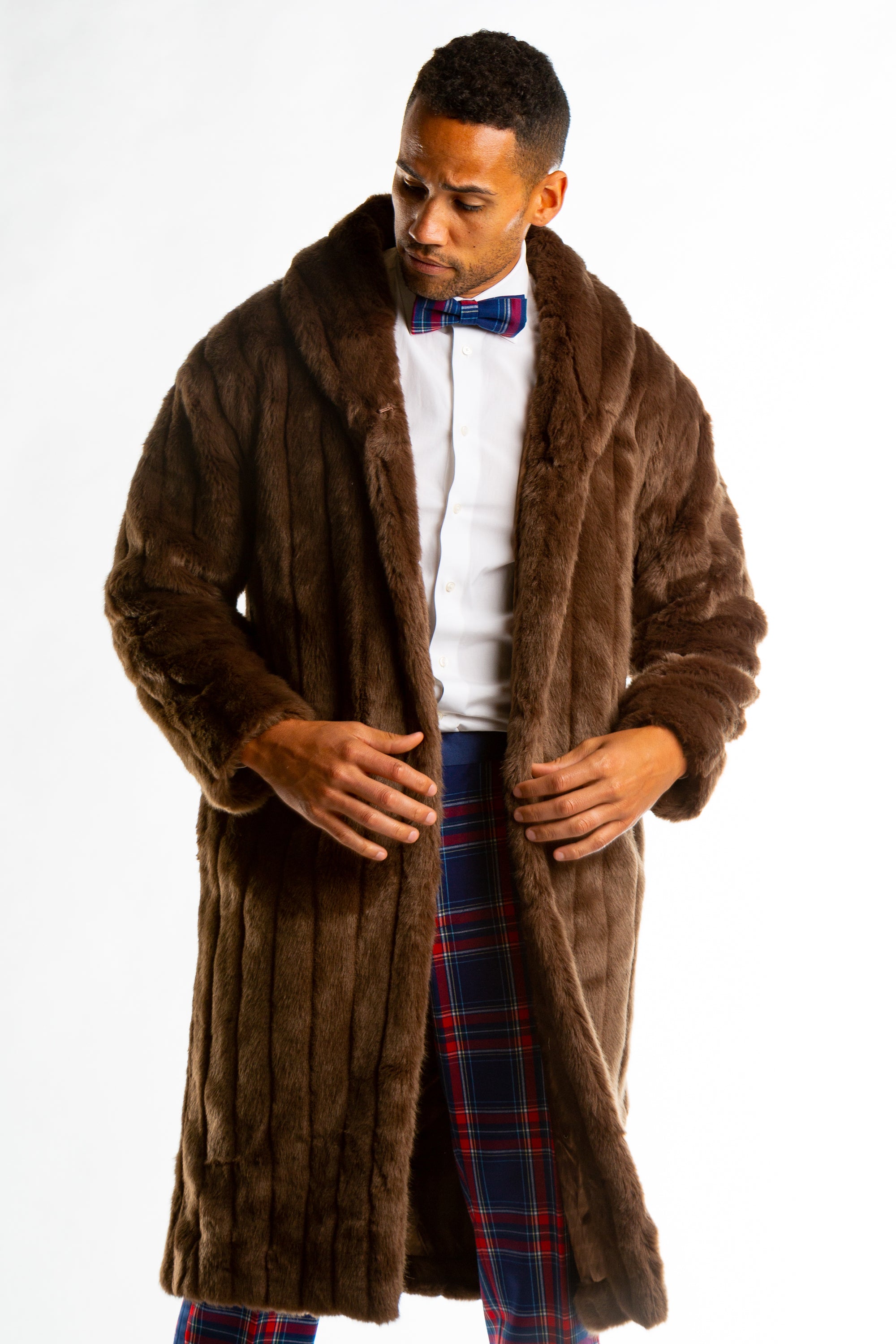 The Manhattan Mogul | Long Brown Black Label Faux Fur Coat - Shinesty