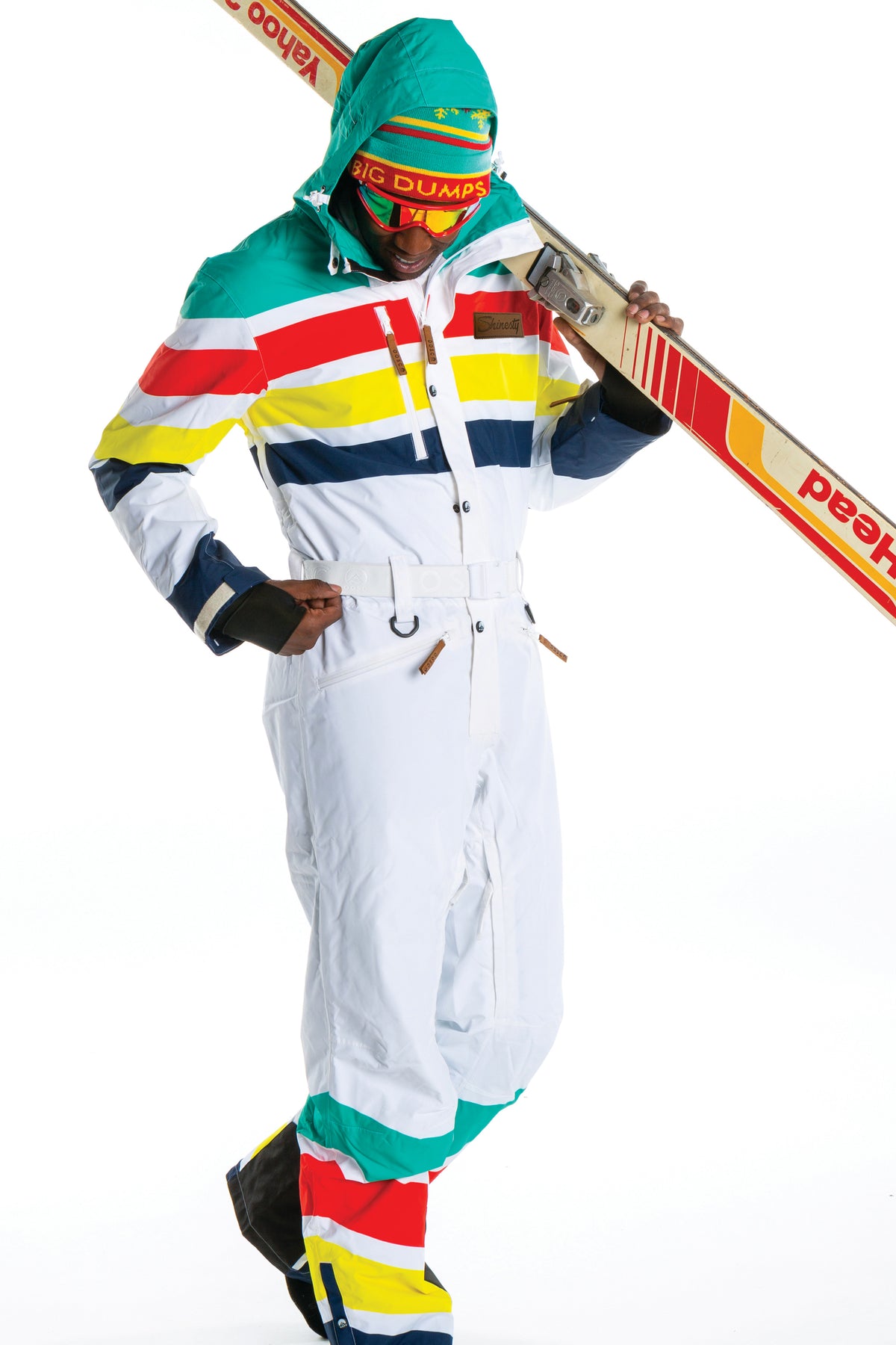 The Mogul Maniac | Mens White Retro Striped Ski Suit - Shinesty