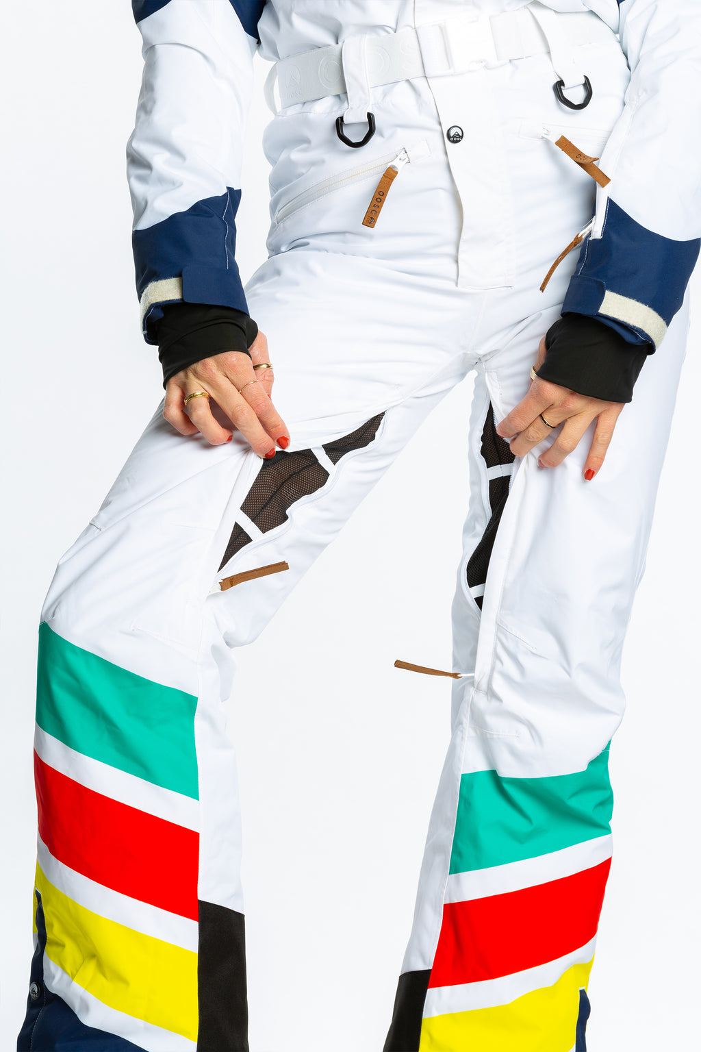 The Mogul Maniac | White Retro Striped Women's One Piece Ski Suit - Shinesty