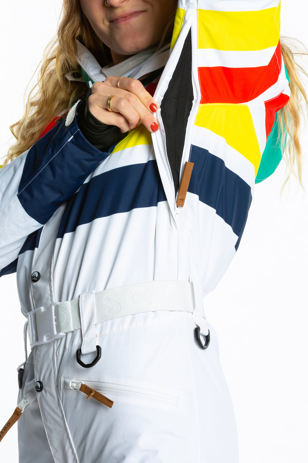 The Mogul Maniac | White Retro Striped Women's One Piece Ski Suit - Shinesty