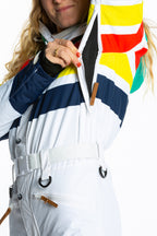 The Mogul Maniac | White Retro Striped Women's One Piece Ski Suit - Shinesty