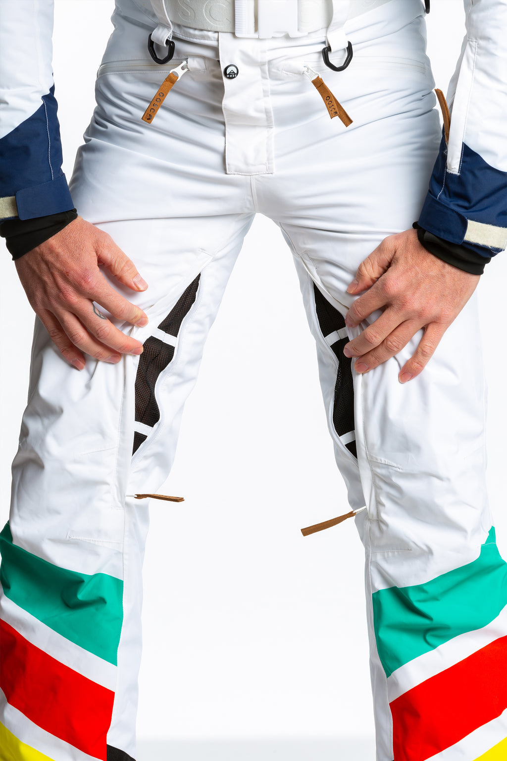 The Mogul Maniac | Mens White Retro Striped Ski Suit - Shinesty