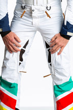 The Mogul Maniac | Mens White Retro Striped Ski Suit - Shinesty
