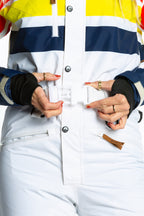 The Mogul Maniac | White Retro Striped Women's One Piece Ski Suit - Shinesty