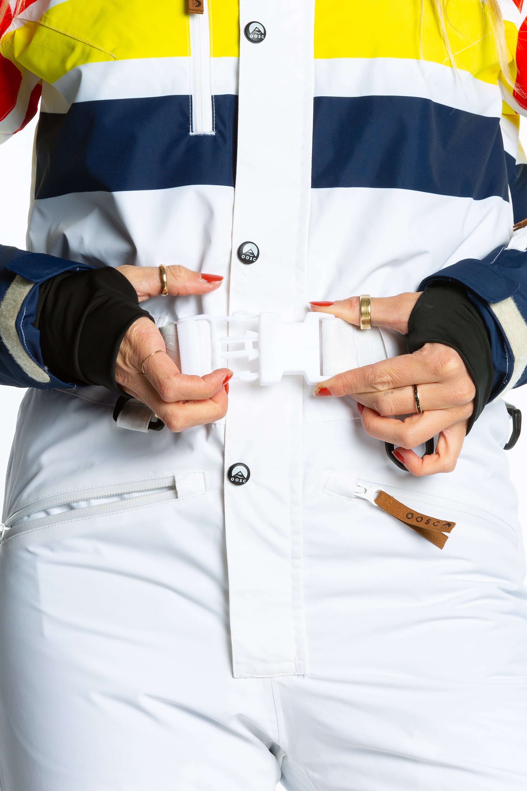 The Mogul Maniac | White Retro Striped Women's One Piece Ski Suit - Shinesty