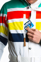 The Mogul Maniac | Mens White Retro Striped Ski Suit - Shinesty
