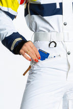 The Mogul Maniac | White Retro Striped Women's One Piece Ski Suit - Shinesty