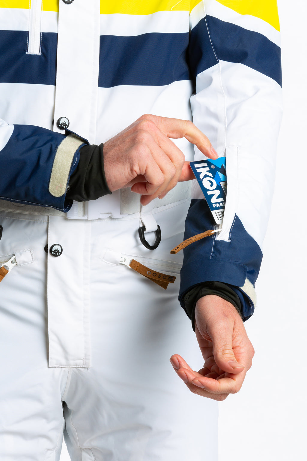 The Mogul Maniac | Mens White Retro Striped Ski Suit - Shinesty