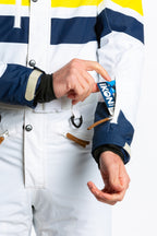 The Mogul Maniac | Mens White Retro Striped Ski Suit - Shinesty