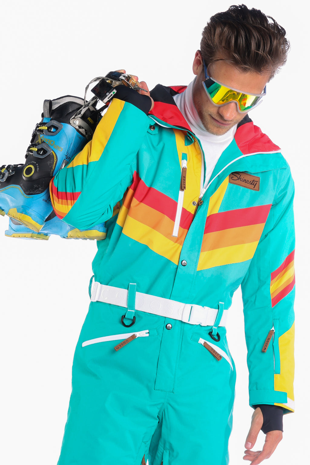 The Side Country Sender | Men's Turquoise Striped Retro Ski Suit - Shinesty
