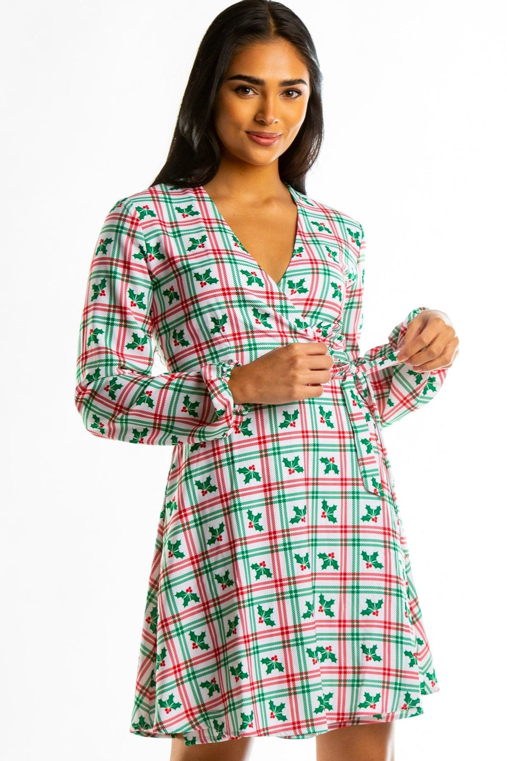 The Smooches | Mistletoe Plaid Christmas Wrap Dress - Shinesty